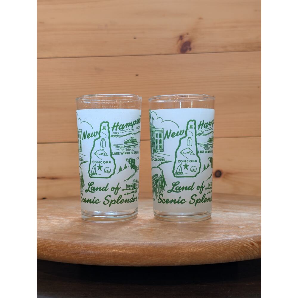 Set of 2 Vintage Hazel Atlas Frosted New Hampshire Souvenir Glasses - 50s - 60s